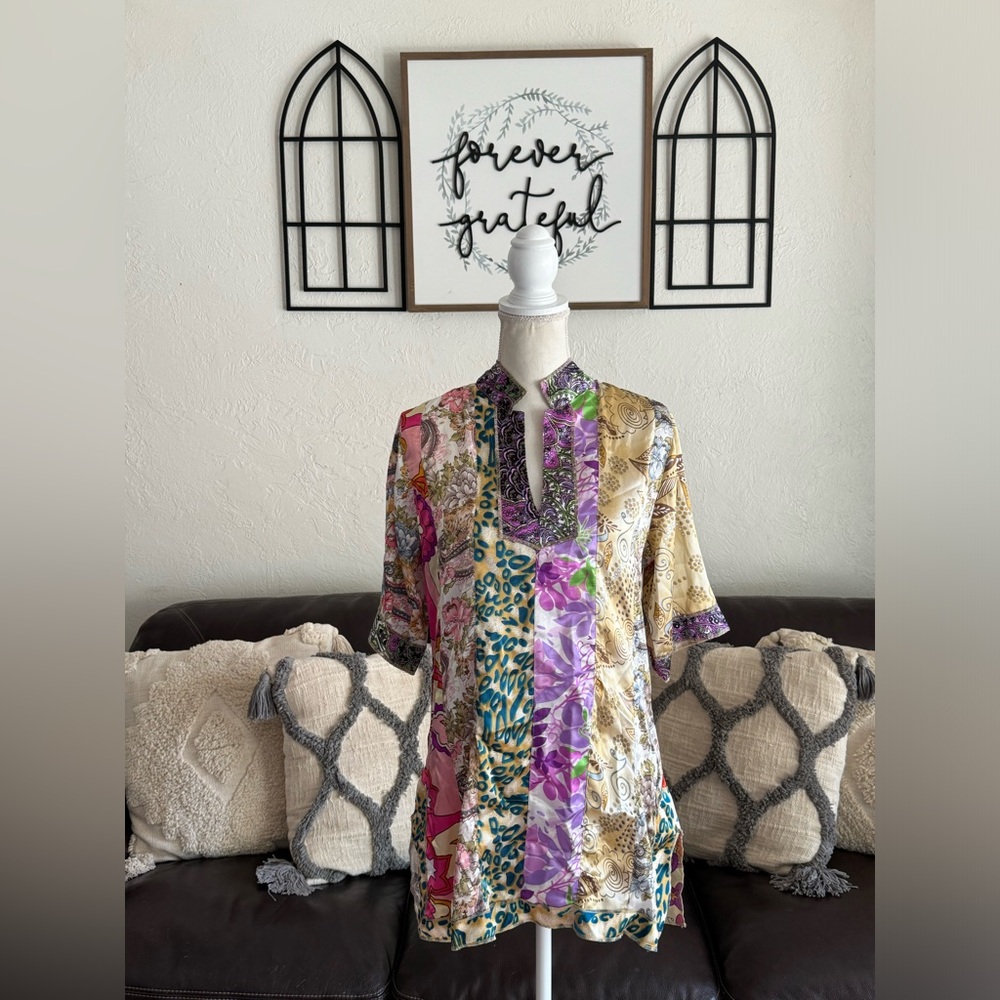 Vintage Floral Patchwork Parsley & Sage Blouse Size M Hippie Boho Summer Fun